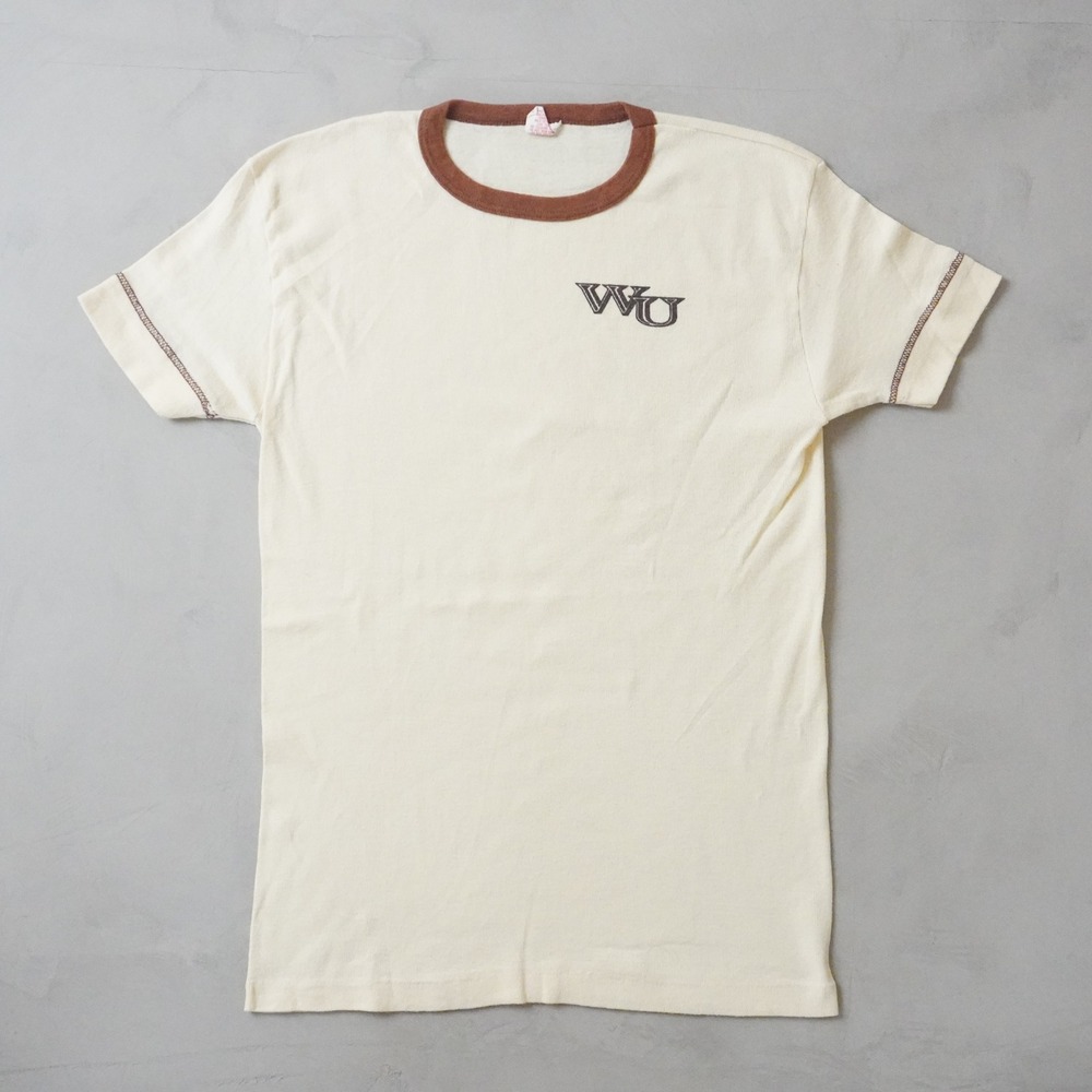 Vintage Collegiate Pacific WVU Ringer T-Shirt Small Mens 70s 80s Cream Brown